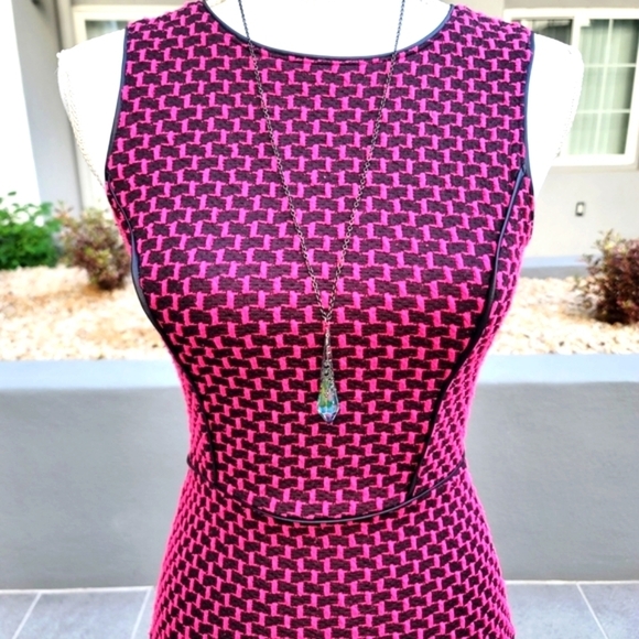 Red Label Saks Fifth Avenue Vintage Dress ✦ Pink & Black Drop Waist Leather Trim - Picture 5 of 14